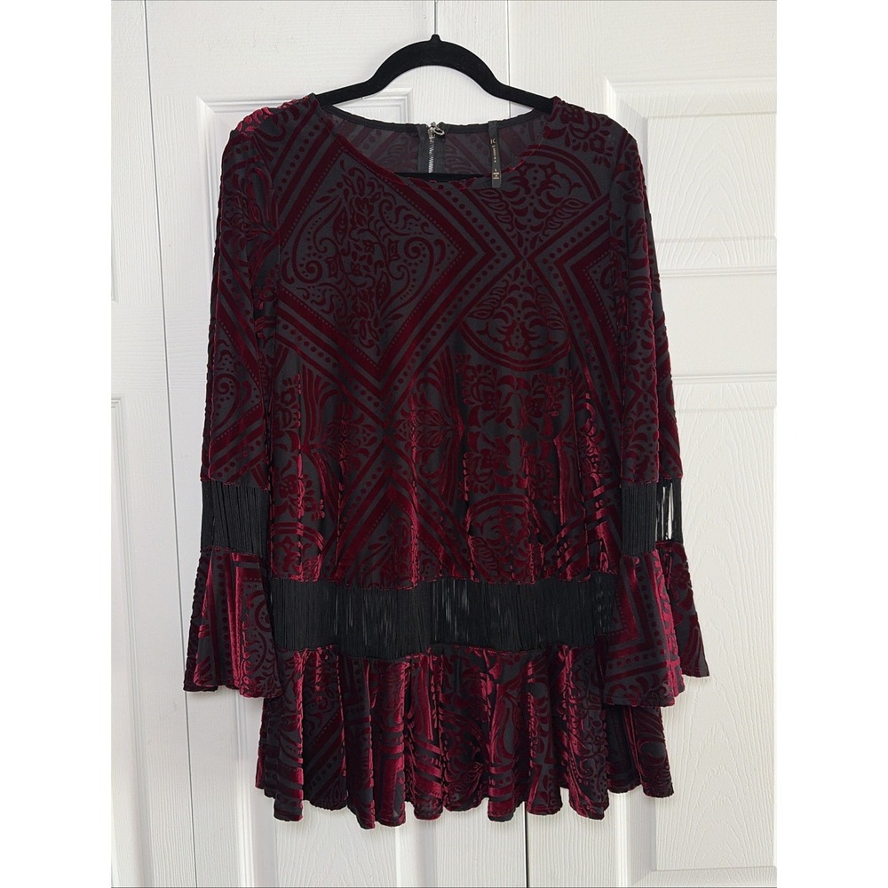 IC by Connie K Velvet Burnout Fringe Tunic Womens Size L Burgundy Boho Gothic